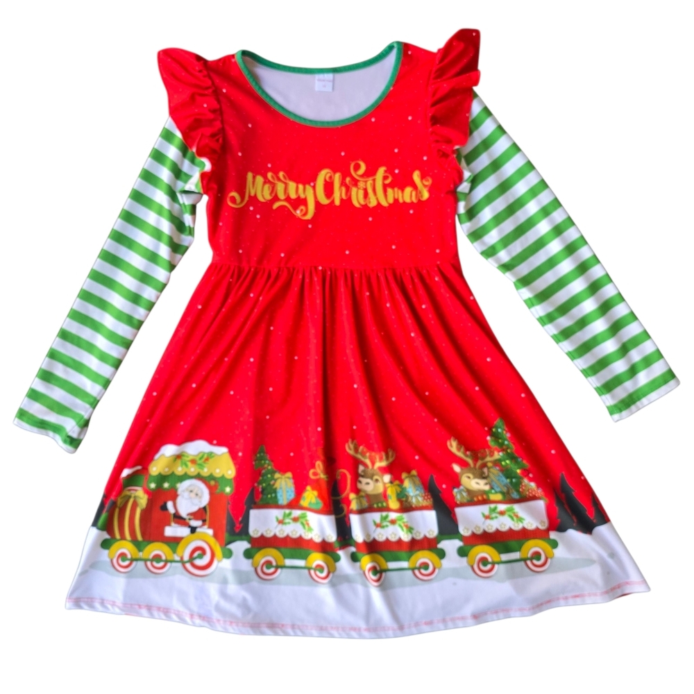 Penelope Plumm Festive Red Christmas Train Dress Long Sleeve Ruffles Size 12